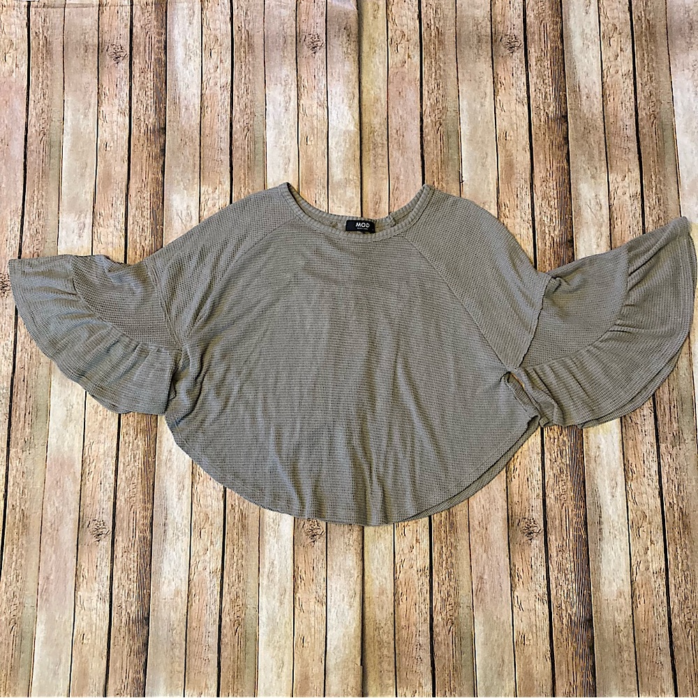 MOD BLACK LABEL M Boho Cropped Curved Hem Brown/Gray Oversized Pullover